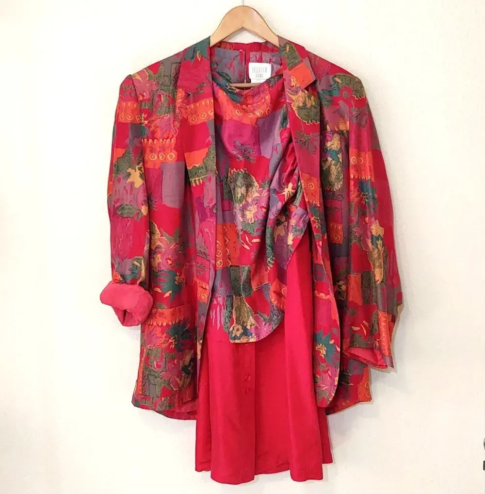 Sellecca Silks vintage three piece red abstract outfit jacket, top, skirt